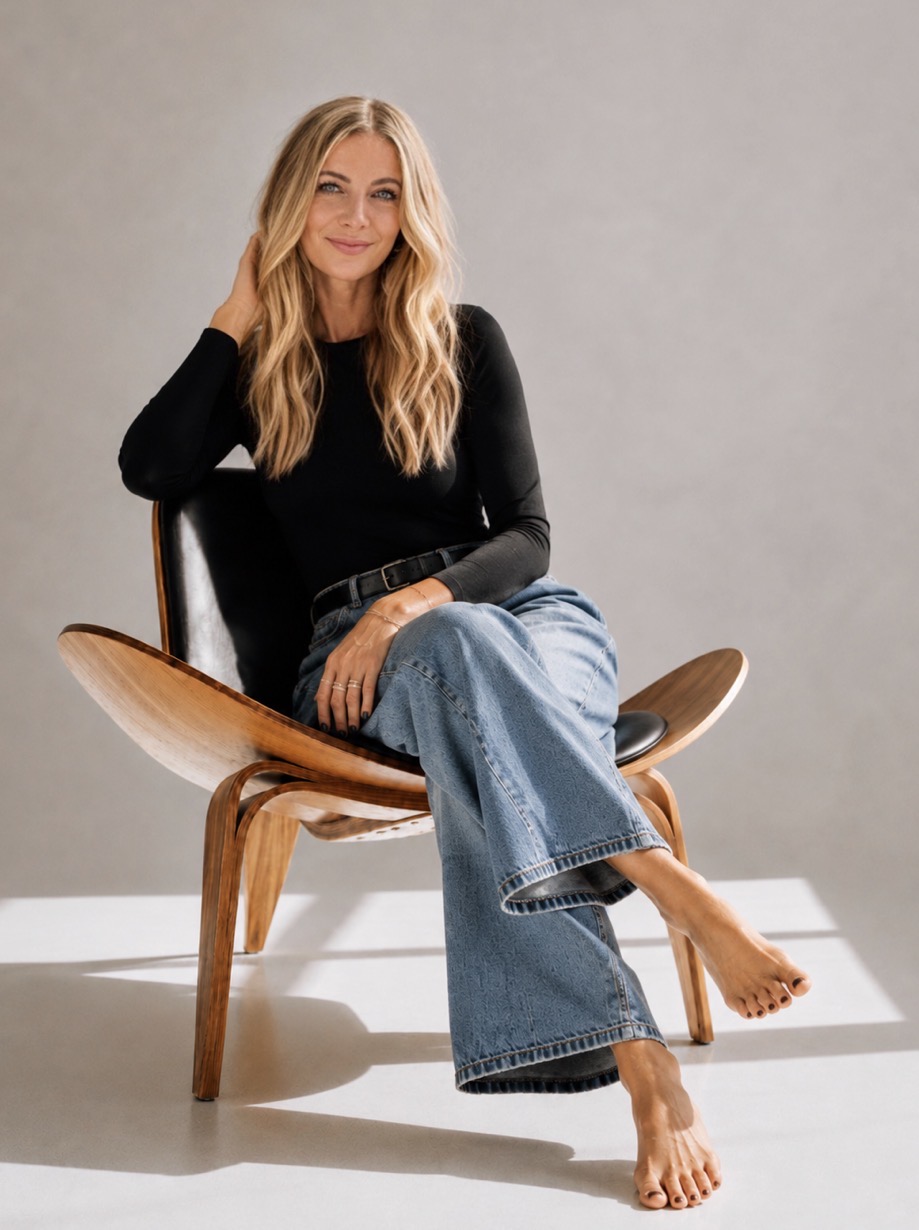 Renée Gutierrez seated in a sculptural wooden chair